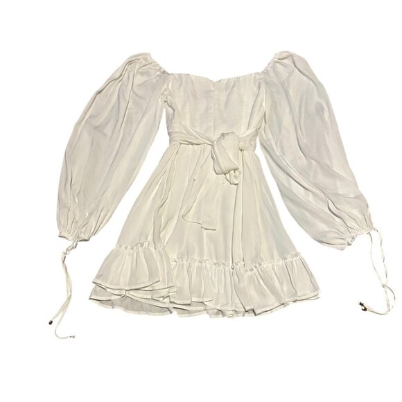 Saints + Secrets White Mini Dress Long Sleeve Back Tie Flowy Ruffle Size Small - Picture 6 of 11